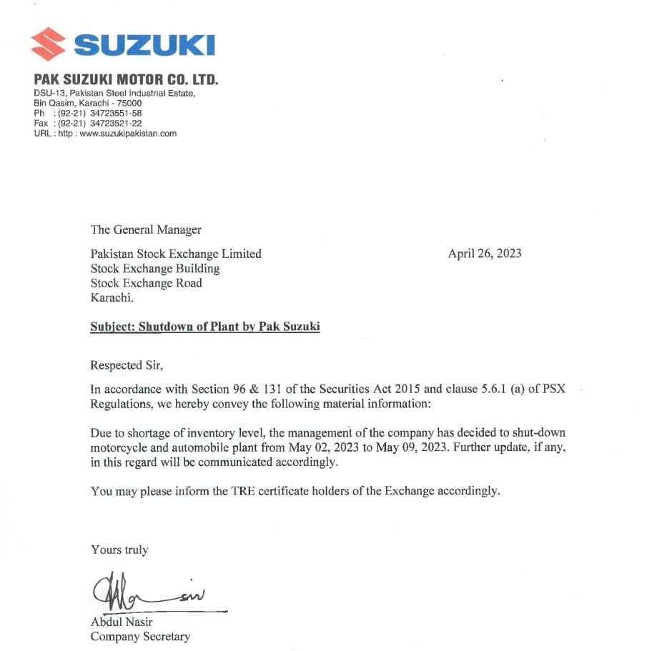 Suzuki Notice Apr