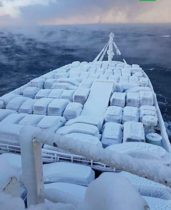 Frozen Ship Delivers Ice-Covered Cars to Russia Port in Frigid Cold 1