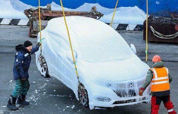 Frozen Ship Delivers Ice-Covered Cars to Russia Port in Frigid Cold 7