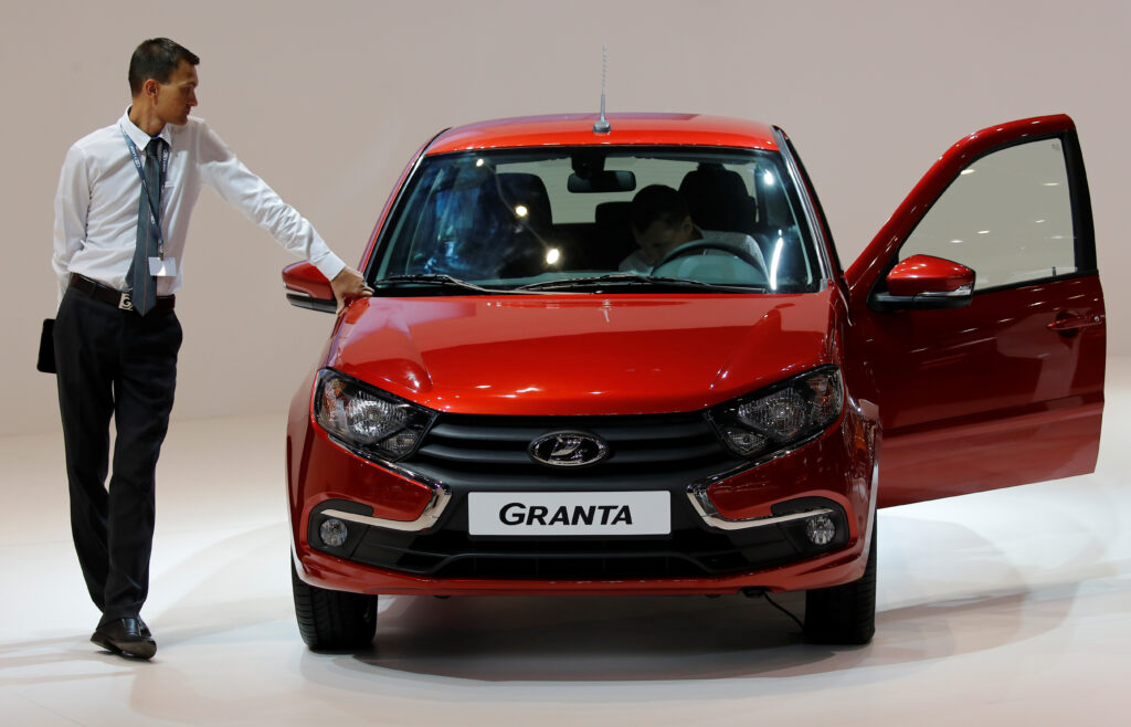 A Lada Granta car is displayed at the 2018 Moscow International Auto Salon in Moscow